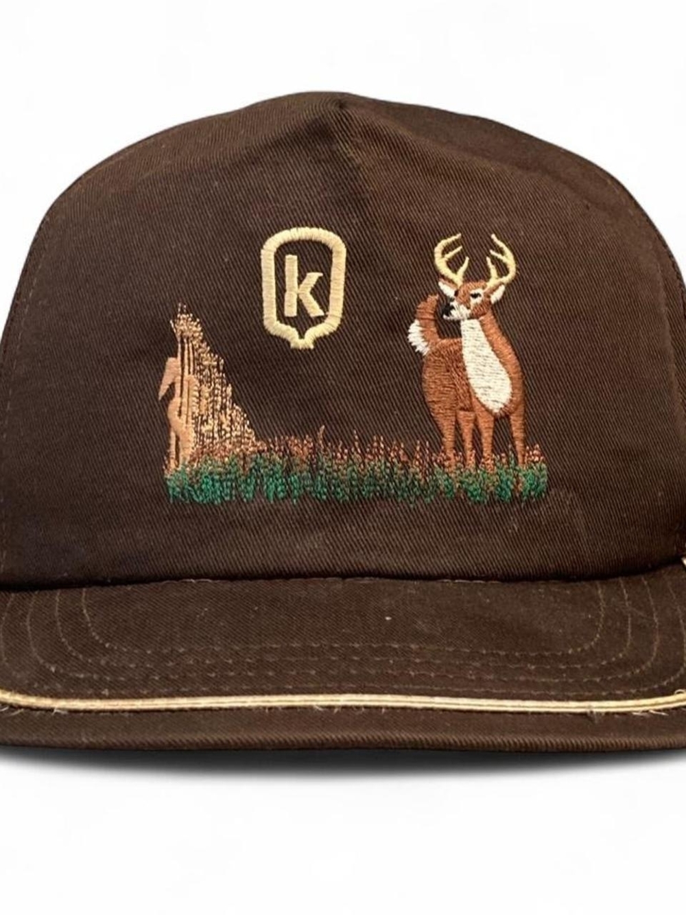 Vintage 80s K-Products Deer Hunting Snapback Hat Brown Trucker Made in Usa